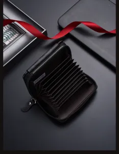 Black accordion card wallet with zipper closure and multiple card slots for daily use.