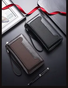Portafoglio pochette uomo in pelle PU grande capacità affari con laccetto da polso.