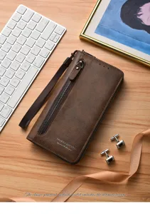 Bruine heren lange portemonnee met polsband ritsvak zakelijke clutch kaarthouder