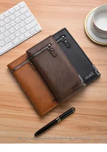 Men's long business wallet with zipper closure, multi-card slots, and elegant leather finish.