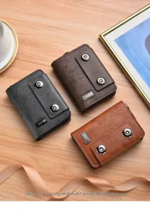 Detailed view of men's retro bifold wallet with double magnetic snap and zip pocket.