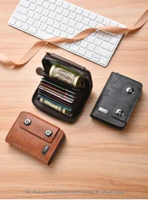 Detailed view of vintage multi-card slot zipper short wallet with elegant texture.