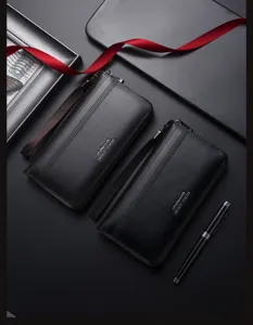 Men's long zip wallet business casual clutch multi-slot large capacity black leather purse