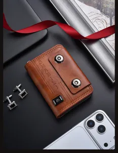 Men leather accordion card holder minimalist double snap wallet casual fashion unisex case