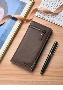 Men long PU leather wallet slim business zipper purse multi-card large capacity vintage brown