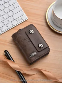 Retro brown leather short wallet with double magnetic snap and zipper for men and business.