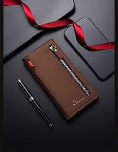 Portafoglio uomo lungo in pelle martellata di alta qualità con tasca con zip ed eleganza.