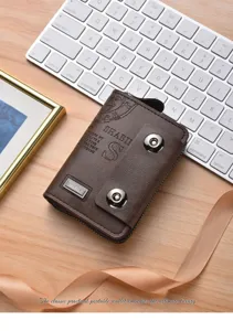 Vintage short leather wallet with double magnetic buttons and smooth zipper for daily use.
