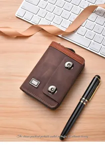 Porte-cartes accordéon pour homme avec double pression, grand portefeuille en cuir marron.
