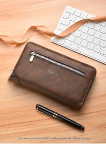 Retro braune Herren Geldbörse lang Doppelreißverschluss große Kapazität Business Clutch Detail.