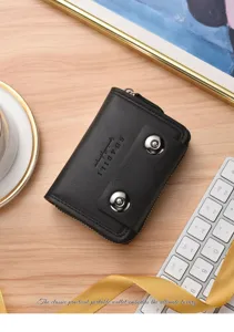 Men's leather card holder multi-slot accordion wallet with double magnetic snap and zipper.