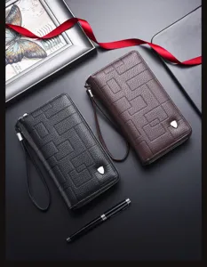 Cartera larga de hombre con doble cremallera de cuero con correa para la muñeca.