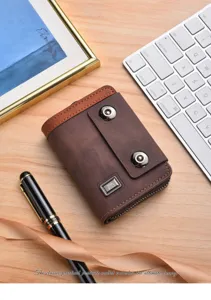Porte-cartes accordéon pour homme avec double bouton-pression et fermeture éclair.