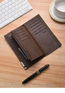 Men long wallet detail showing multi card slots, zipper pocket and premium brown leather texture.