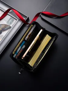 Portafoglio lungo uomo con zip grande capacità PU pelle borsa porta cellulare