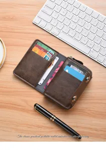Vintage men's short wallet with zipper pocket, multi-card slots and secure magnetic closure.