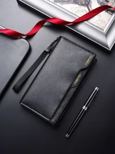 Men's Long Business Wallet PU Leather Large Capacity Multi-Card Zipper Handbag Wrist Strap Casual Clutch Purse