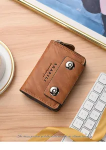 Men's retro brown leather accordion card holder with double magnetic snap and zipper pocket.