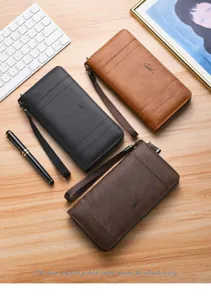 Portefeuille long homme cuir PU fermeture eclair poches cartes dragonne sac affaires