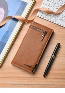 Men long PU leather wallet with zipper pocket and multiple card slots in brown color detail.