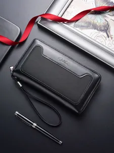 Portafoglio Lungo in Pelle PU di Grande Capacità da Uomo Pochette Business Casual Cerniera Cinturino da Polso