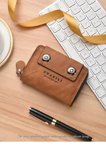 Men's brown PU leather card holder wallet with double magnetic snap and accordion slots.