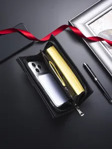 Black men's long wallet business leather clutch bag with large capacity card slots and phone pocket.