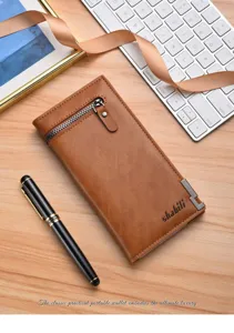Detailed view of the stylish brown men's long wallet with zipper pocket and metal accent.