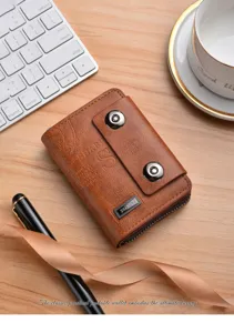 Men's short retro double magnetic buckle zipper wallet business card holder brown leather
