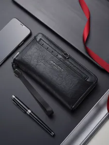 Portefeuille Long pour Hommes Grande Capacité Cuir PU Bifold Fermeture Éclair Pochette Plusieurs Fentes à Cartes Affaires