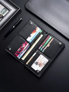 Men's long leather wallet with multiple card slots and cash compartments in black.