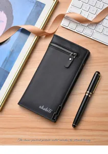 Stylish black men's long wallet with zipper pocket, business casual daily use accessory.