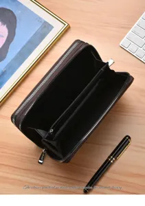Portefeuille long homme double fermeture éclair grand étui pochette business marron