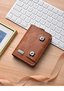 Men's Short Retro Wallet Double Magnetic Buckle Zipper Card Holder Brown PU Leather