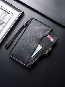 Men's black leather long wallet business card holder clutch bag with wrist strap.