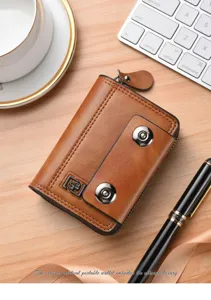 Herren PU Leder Akkordeon kurze Geldbörse Kartenetui mit Doppeldrücker, brauner Vintage Stil.