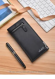Men's long business wallet slim black leather zipper large capacity multi-function style.