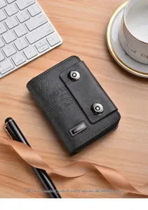 Men short retro wallet double snap button zipper card holder business black PU leather