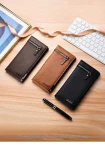 Detailed view of slim men's long wallet featuring zipper pocket and elegant metallic hardware.