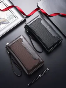 Portafoglio lungo uomo grande capacità borsa pochette business pelle PU morbida con polsiera