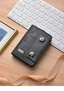 Men's short vintage double magnetic buckle wallet zipper business card holder black leather.