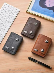 Men's vintage short wallet with double magnetic buckle and zipper card holder design.