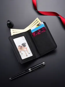 Mens bifold card holder wallet with litchi pattern multiple card slots cash pocket black
