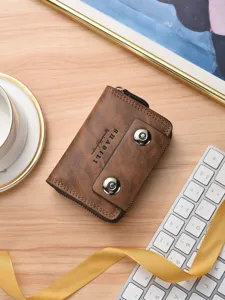 Men's PU Leather Card Holder Vintage Solid Color Accordion Card Case Multifunctional Zipper Coin Purse Business Card Wallet