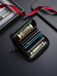 Black leather accordion card holder wallet, zipper closure with multi-slots for daily use.
