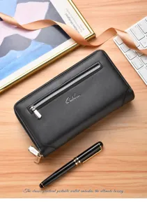 Klassische schwarze lange Lederbrieftasche mit Reißverschluss für Business und Alltag.