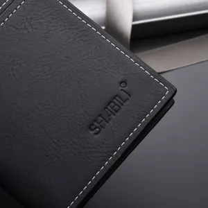 Men's black leather long wallet vintage card holder with white stitching and stylish design.