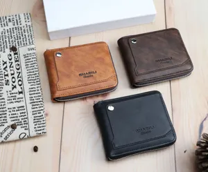 Men's short multi-functional wallet with external card slot, classic fashion design, large capacity.