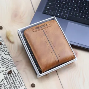 Men's vintage brown PU leather short wallet with zipper closure and gift box packaging.