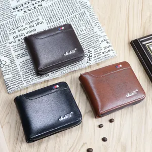 Close-up details of retro men short zippered wallet featuring multiple card slots and coin pocket.